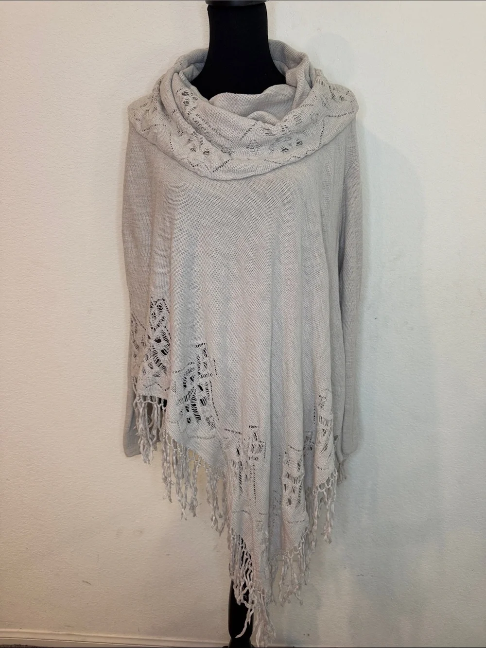 Free People Light Gray Crochet-Trim Cowl Poncho Sweater